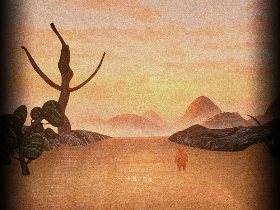 Niu Lai the calf walking alone across a desert landscape at dusk, from the film's dream sequence